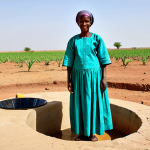 A resilient Malian woman, fully clothed in modest traditional attire, stands confidently next to a newly installed solar-powered water well. The background shows a vast, dry landscape with cracked earth, symbolizing desertification, but her immediate surroundings feature a small, newly irrigated patch of green vegetables, a testament to hope and sustainable agriculture. The scene is bathed in bright natural sunlight. Perfect anatomy, correct proportions, natural pose, well-formed hands, proper finger count, natural body proportions, professional photography, cinematic lighting, high detail, safe for work, appropriate content, modest clothing, family-friendly.