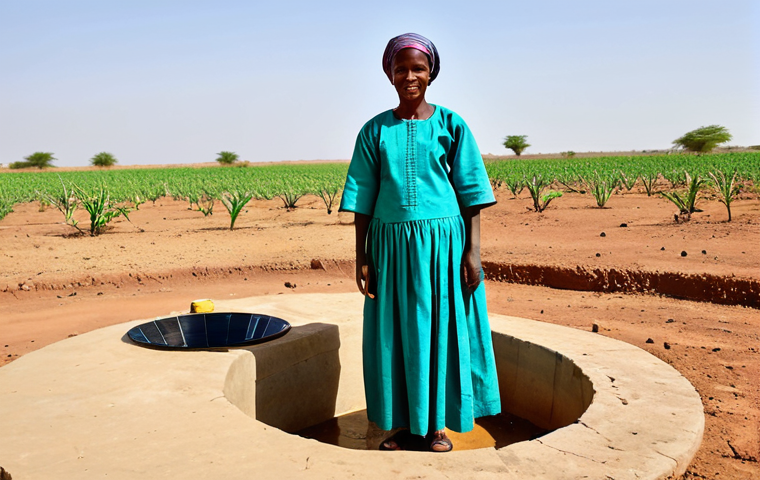 A resilient Malian woman, fully clothed in modest traditional attire, stands confidently next to a newly installed solar-powered water well. The background shows a vast, dry landscape with cracked earth, symbolizing desertification, but her immediate surroundings feature a small, newly irrigated patch of green vegetables, a testament to hope and sustainable agriculture. The scene is bathed in bright natural sunlight. Perfect anatomy, correct proportions, natural pose, well-formed hands, proper finger count, natural body proportions, professional photography, cinematic lighting, high detail, safe for work, appropriate content, modest clothing, family-friendly.