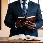 A thoughtful adult Malian legal professional in a natural pose, standing confidently. The professional is fully clothed in a modest, dark business suit over a traditional Malian patterned shirt, symbolizing the blend of modern and traditional legal systems. They hold a modern law book in one hand, while gesturing towards a stack of aged, symbolic customary law texts on a rustic wooden table beside them. The background is a clean, well-lit professional office setting, with a large window overlooking a sun-drenched Malian landscape. Professional photography, high-resolution, sharp focus, natural light, perfect anatomy, correct proportions, well-formed hands, proper finger count, natural body proportions, realistic textures, professional dress, appropriate content, safe for work, modest clothing, family-friendly.