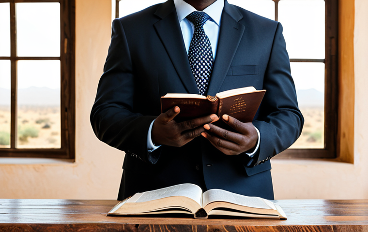 A thoughtful adult Malian legal professional in a natural pose, standing confidently. The professional is fully clothed in a modest, dark business suit over a traditional Malian patterned shirt, symbolizing the blend of modern and traditional legal systems. They hold a modern law book in one hand, while gesturing towards a stack of aged, symbolic customary law texts on a rustic wooden table beside them. The background is a clean, well-lit professional office setting, with a large window overlooking a sun-drenched Malian landscape. Professional photography, high-resolution, sharp focus, natural light, perfect anatomy, correct proportions, well-formed hands, proper finger count, natural body proportions, realistic textures, professional dress, appropriate content, safe for work, modest clothing, family-friendly.
